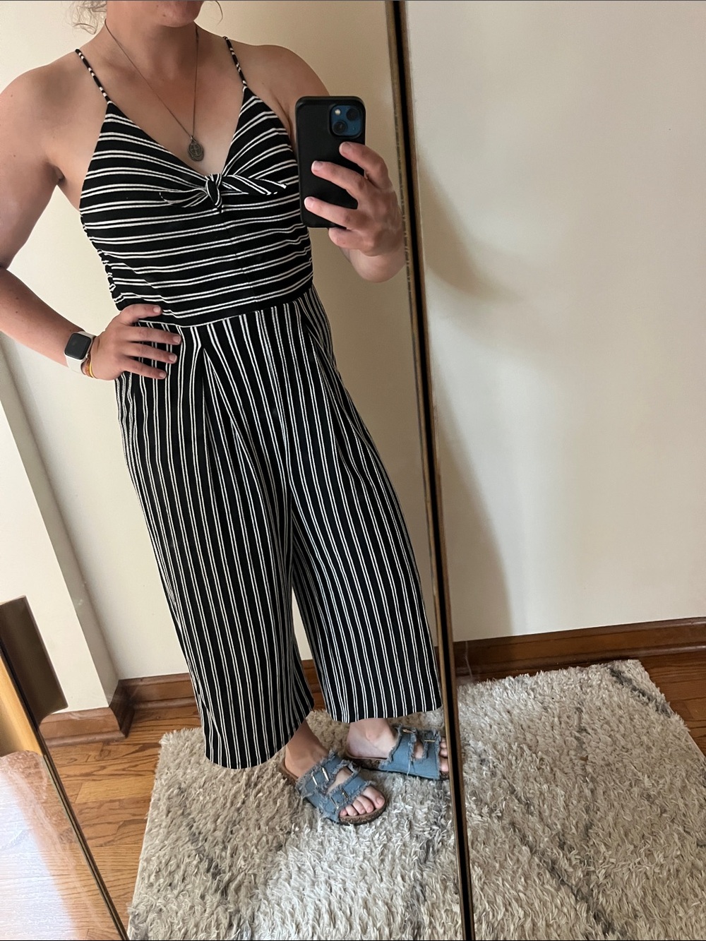 eyeshadow Black & White Striped Spaghetti-Strap Jumpsuit